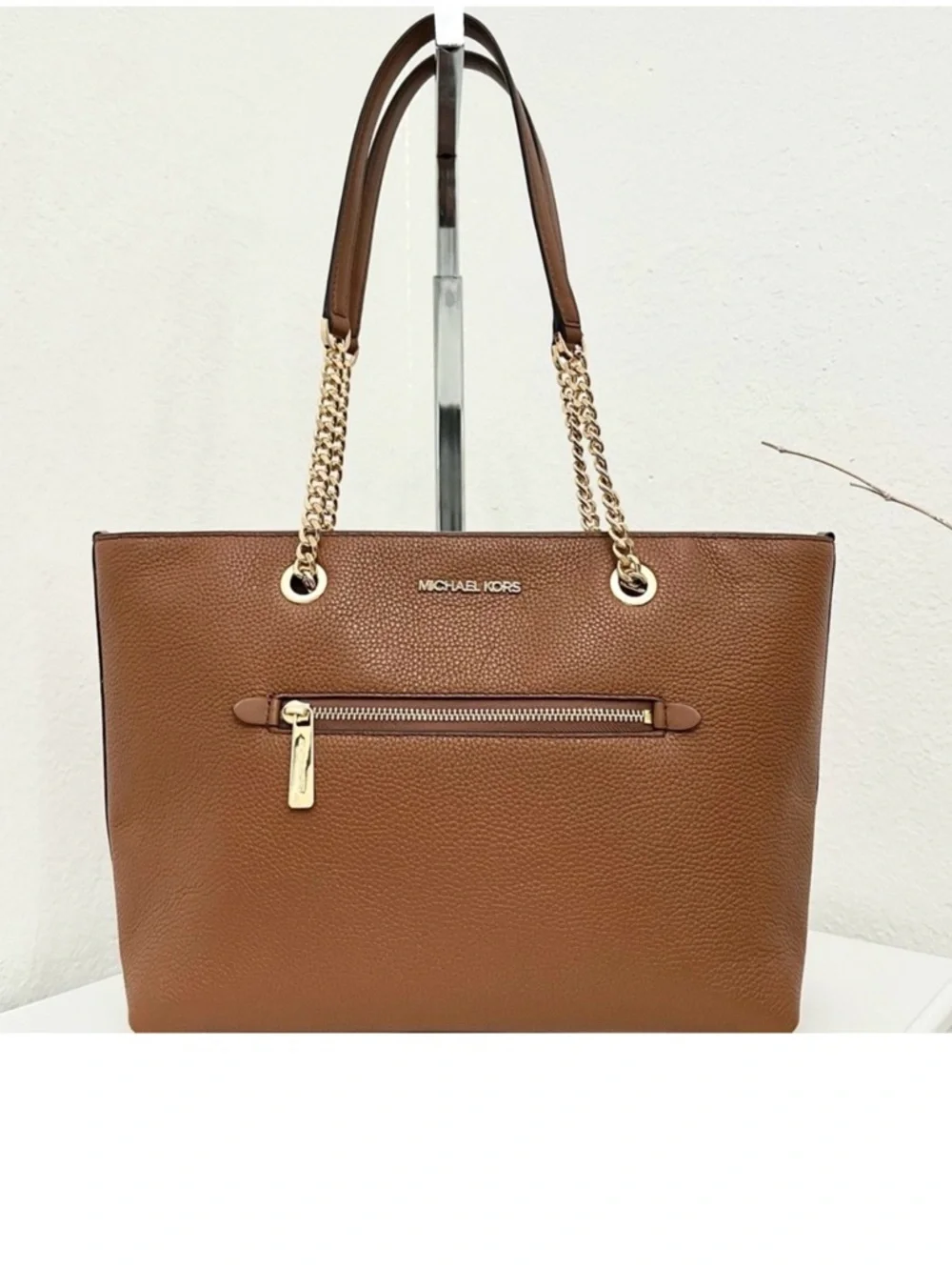 Michael Kors Cognac Pebbled Leather Tote with Gold Chain Straps zipper closure